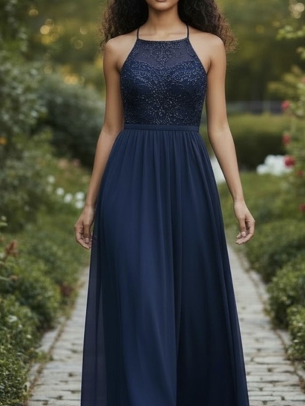 Beaded Halter Navy Prom Gown
